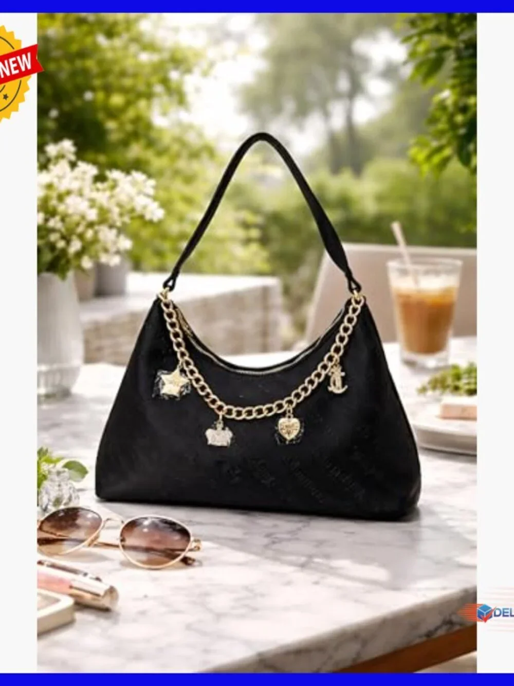 Medium Hobo Bag with Gold Charm Chain, Zip Top Closure, Polyester